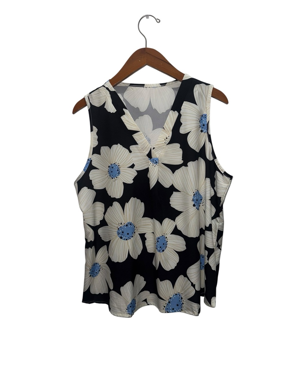 Floral V-Neck Sleeveless Top - Black with Cream & Blue Flowers